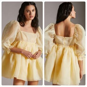 Selkie Dress Puffed-Sleeve Square-Neck Mini Yellow Size XS NWT